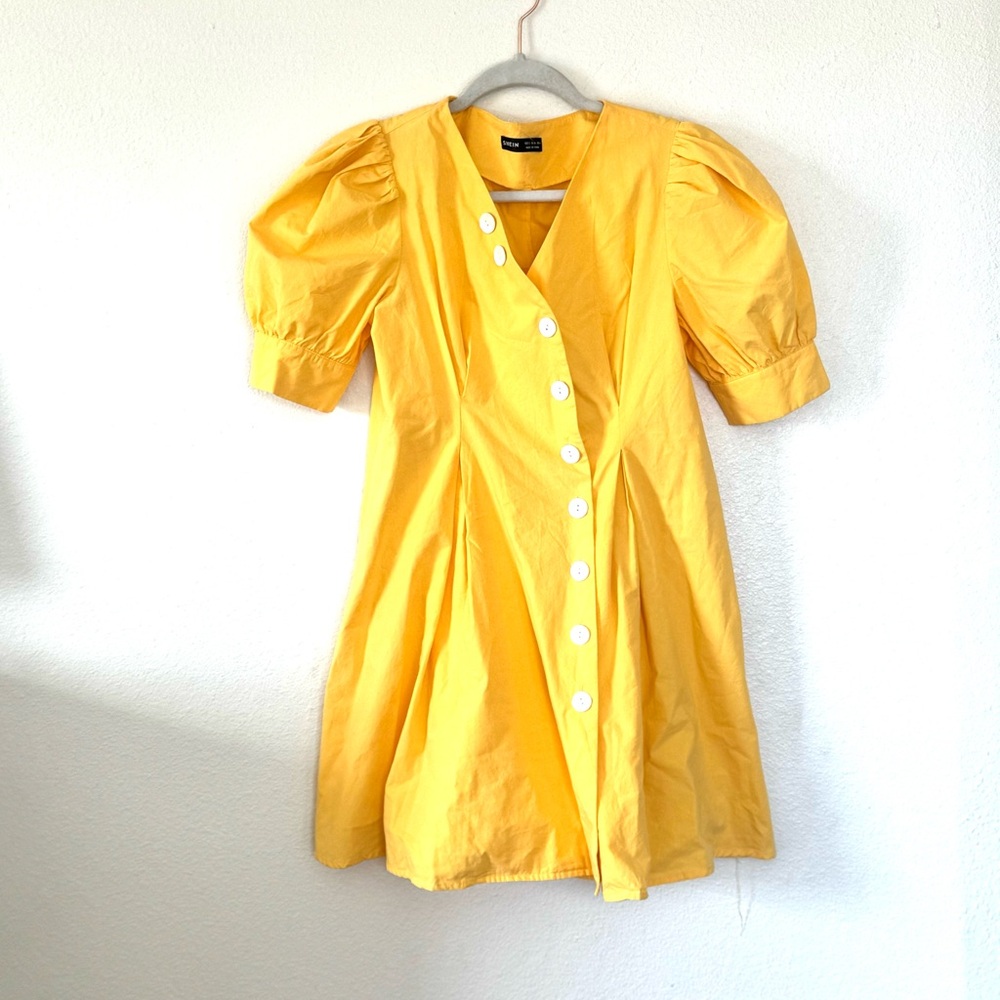 SHEIN Golden Yellow 100% Cotton Fit Flare Puff Sleeve Dress V Neck Size 4